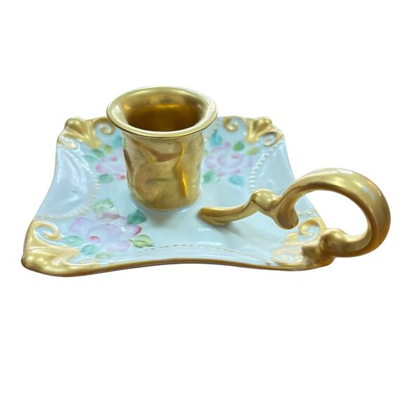 Hand painted porcelain candle holder finger lamp taper candlestick pink gold 60s - Picture 2 of 7